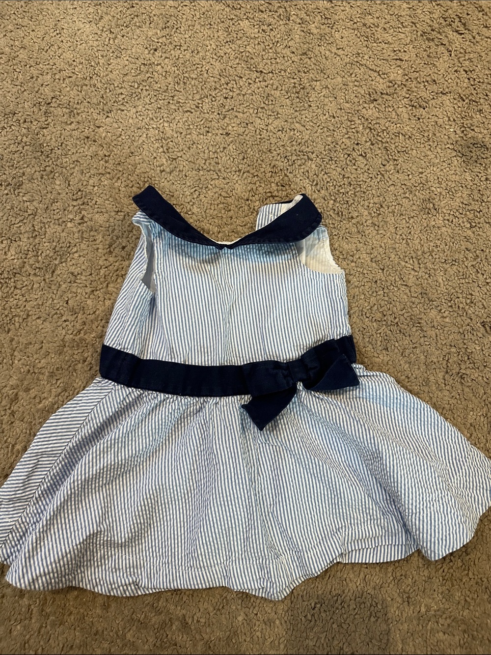 Baby Blue & White seersucker Dress with Navy Bow 3-6m